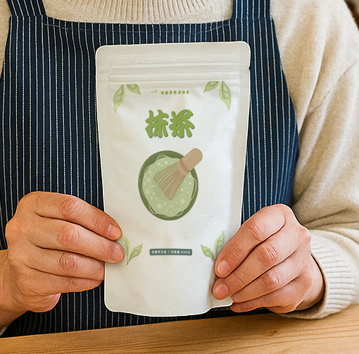 抹茶（Matcha）のイラストとロゴが映えるオリジナルビニールパウチ。緑を基調とした爽やかなデザインで、お菓子 パッケージ印刷나 飲料용 패키지 제작에 적합한 소량인쇄 사례.