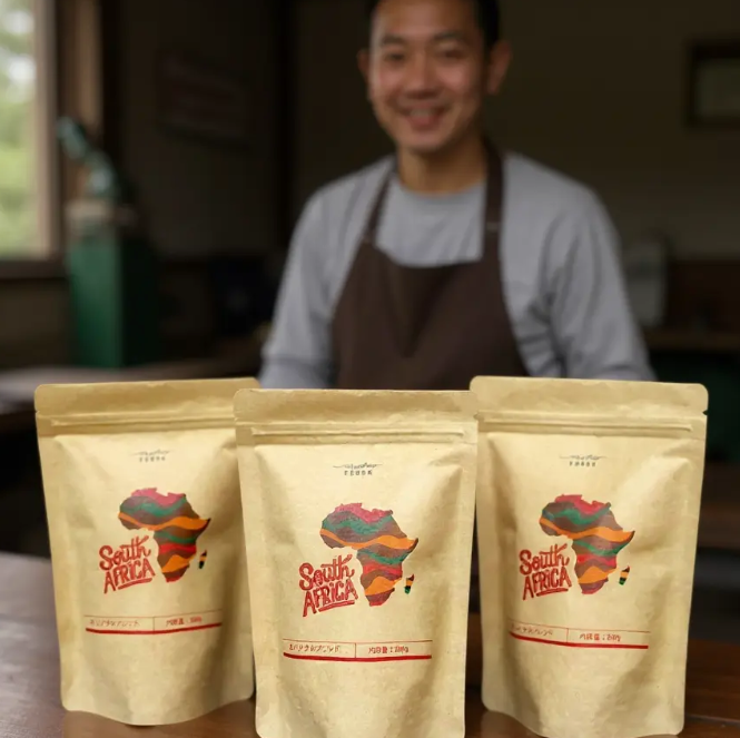 クラフト パッケージ印刷を施したチャック付きスタンドパウチ。アフリカ大陸のイラストが特徴的な、コーヒーパッケージ 小ロット印刷によるオリジナルコーヒーバッグの制作例。