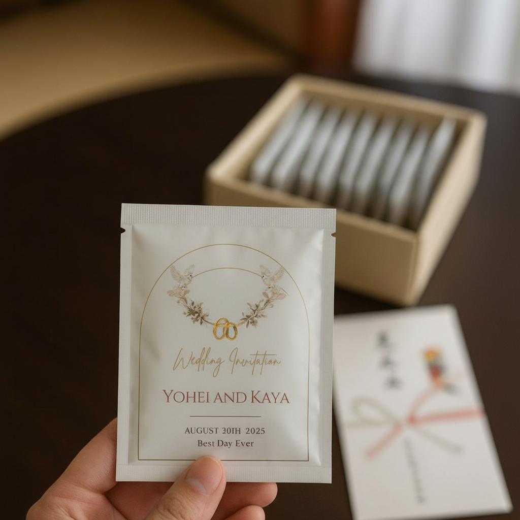 三方袋印刷を活用した結婚式プチギフト用のドリップバッグ。上品なアーチ型の花冠とゴールドの指輪が描かれた、オリジナルドリップバッグ印刷の制作例。